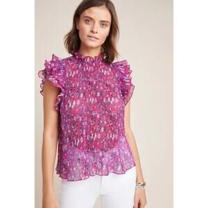 Anthropologie pink floral pleated ruffle blouse